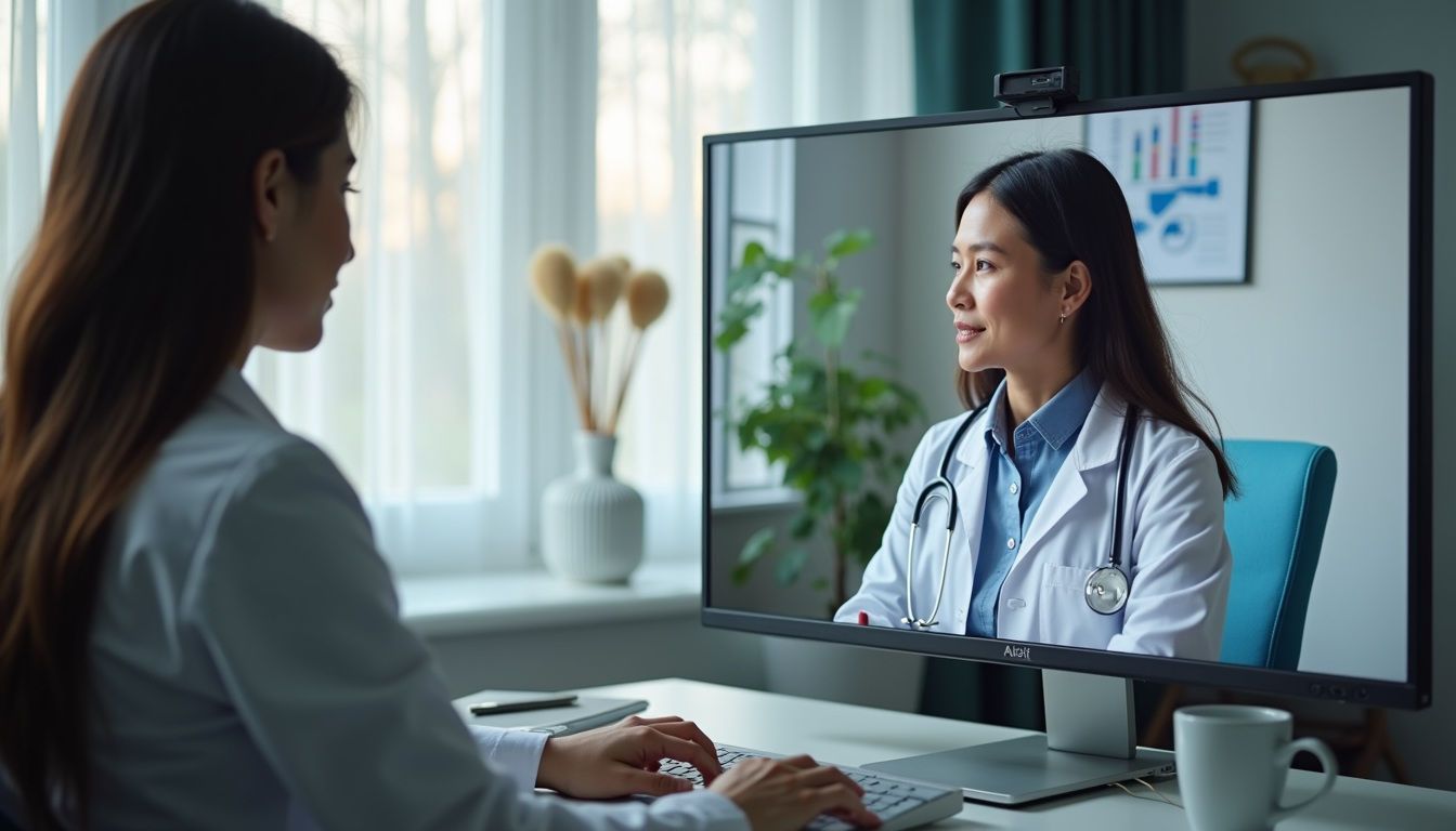 Eye-level view of a telehealth session showing a psychiatrist and a primary care provider collaborating on patient care
