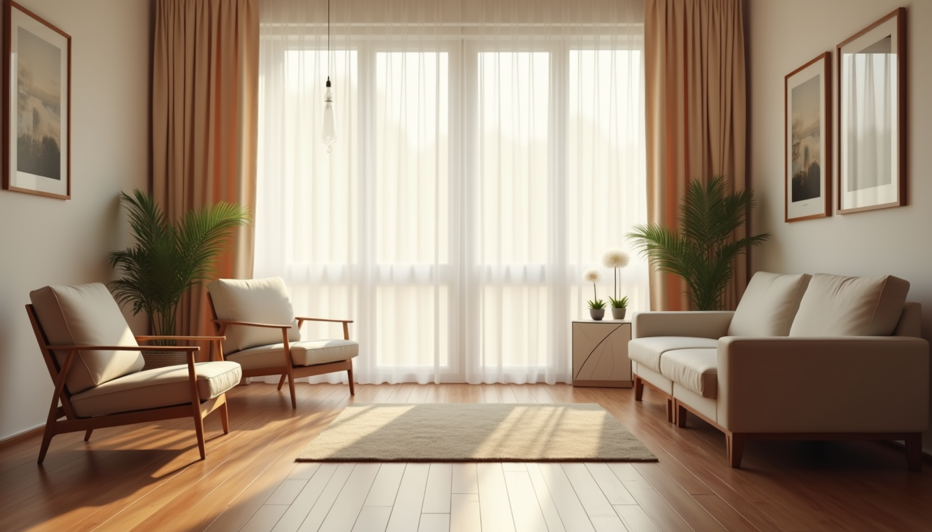 Eye-level view of a calm therapy room with comfortable chairs and soft lighting