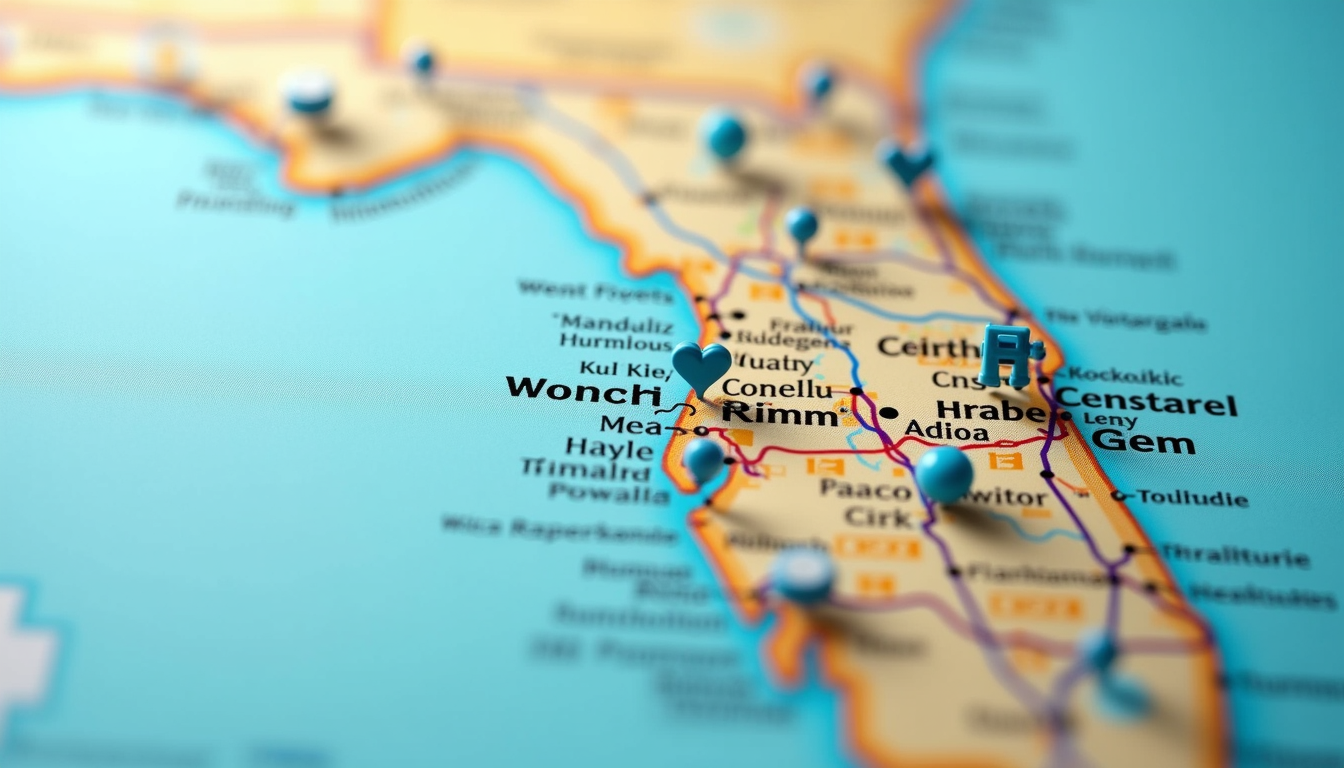 High angle view of a Florida map highlighting major cities with healthcare icons
