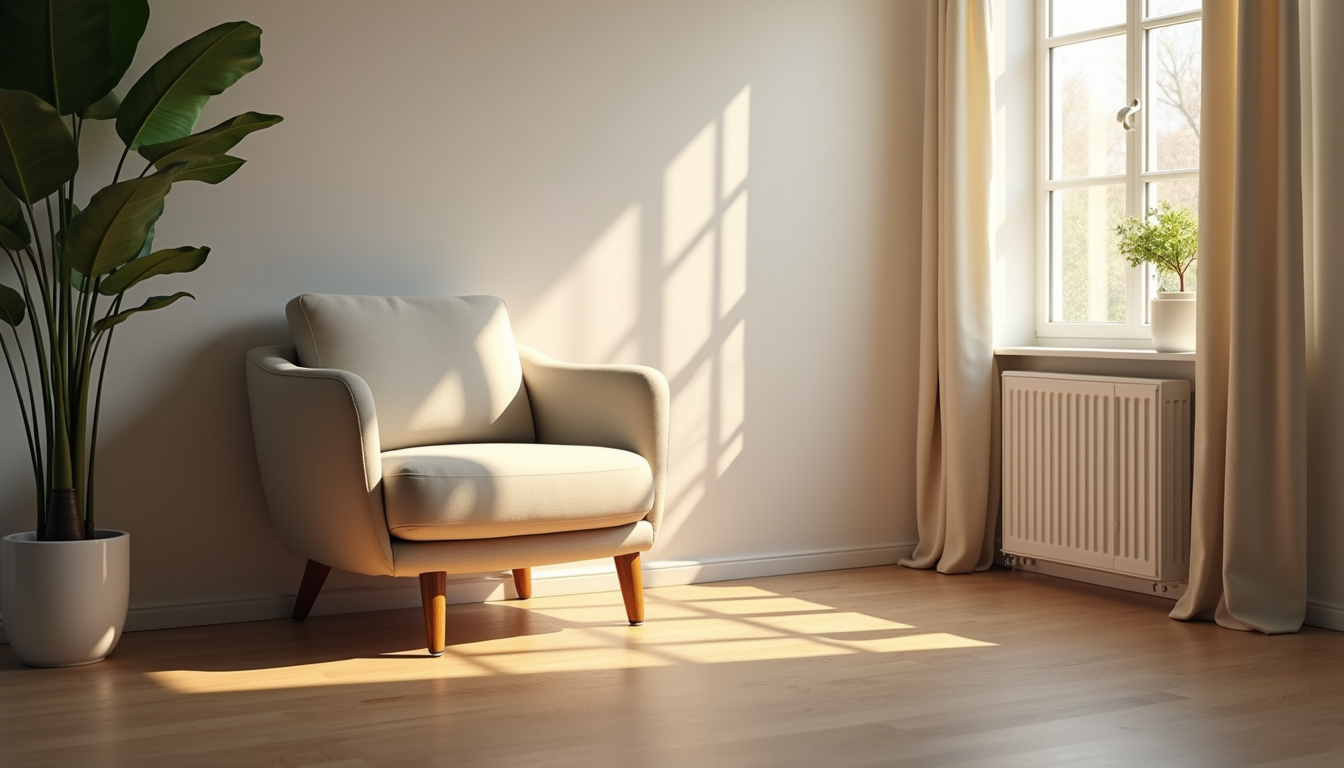 Eye-level view of a calm living room with a cozy chair and soft lighting, symbolizing a supportive environment for mental health treatment
