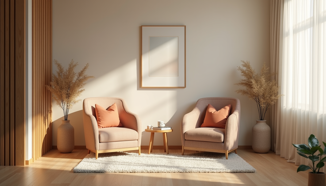 Eye-level view of a calm therapy room with comfortable chairs and soft lighting
