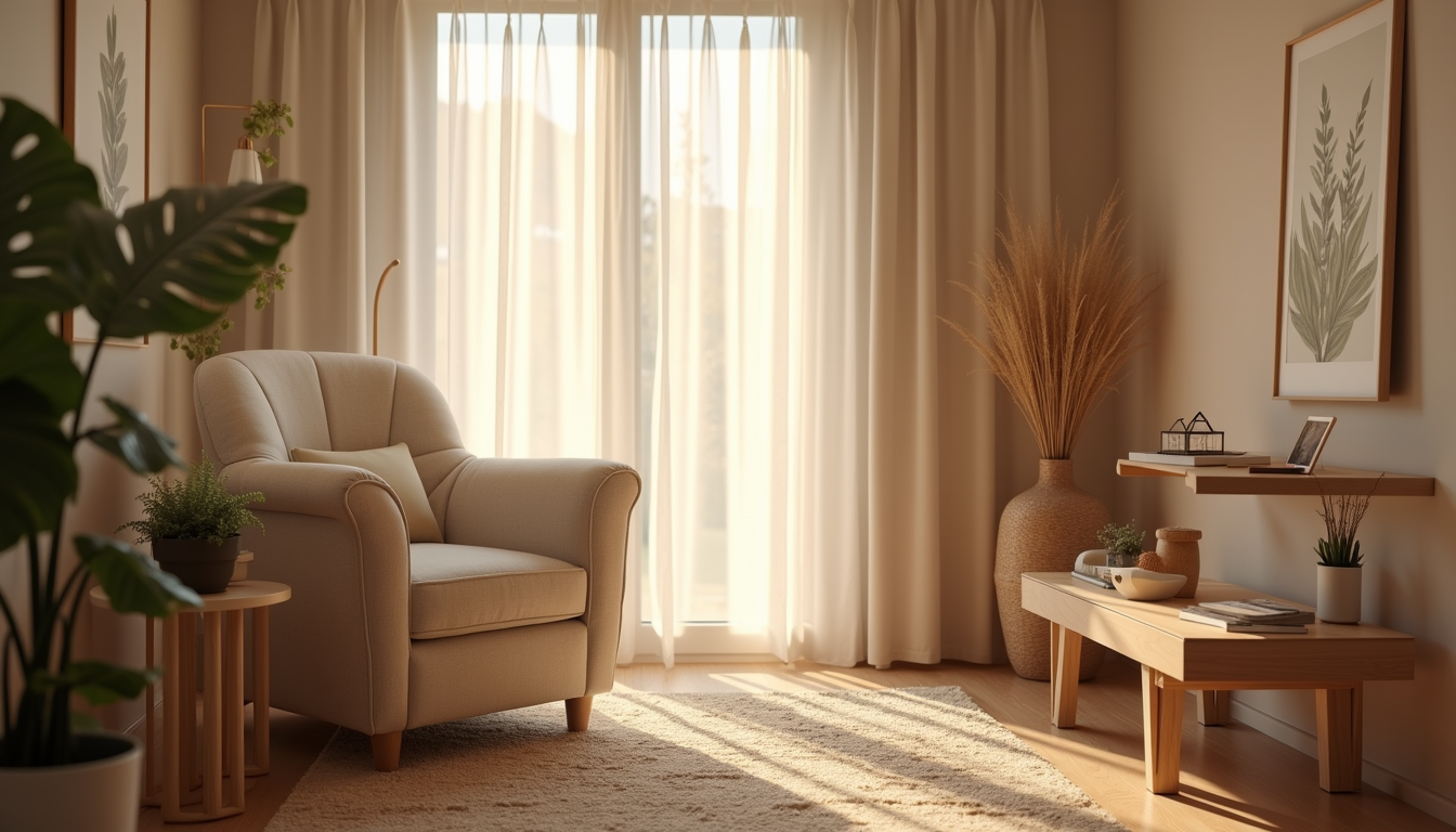 Eye-level view of a calm therapy room with a comfortable chair and soft lighting