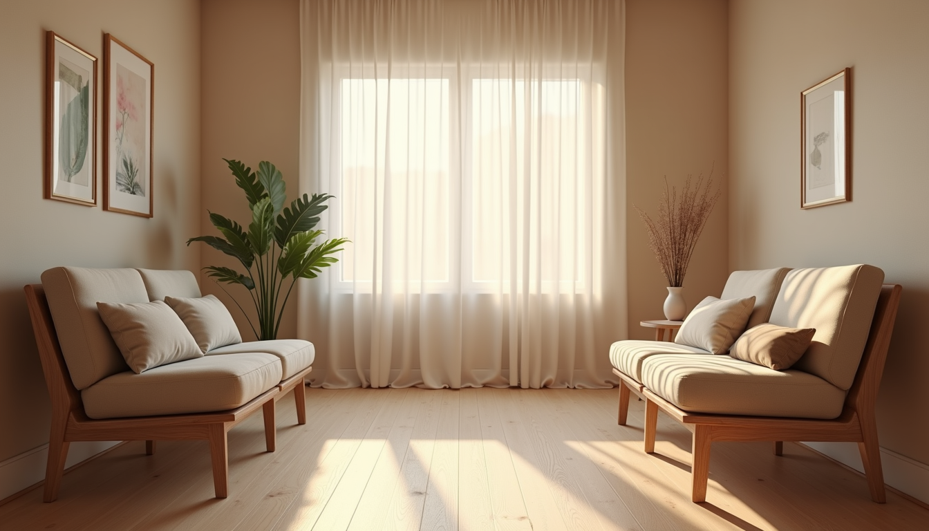 Close-up view of a calm therapy room with comfortable chairs and soft lighting