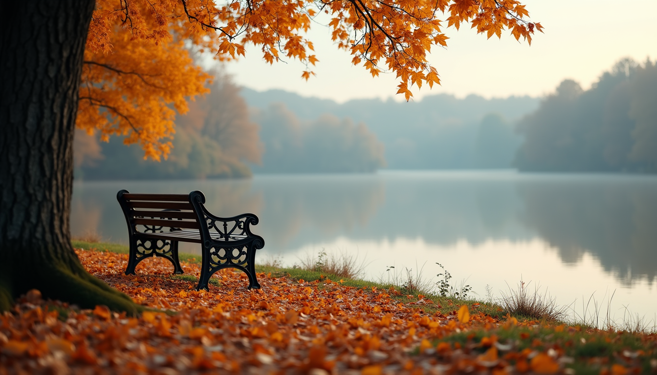 Eye-level view of a quiet lakeside bench surrounded by autumn leaves