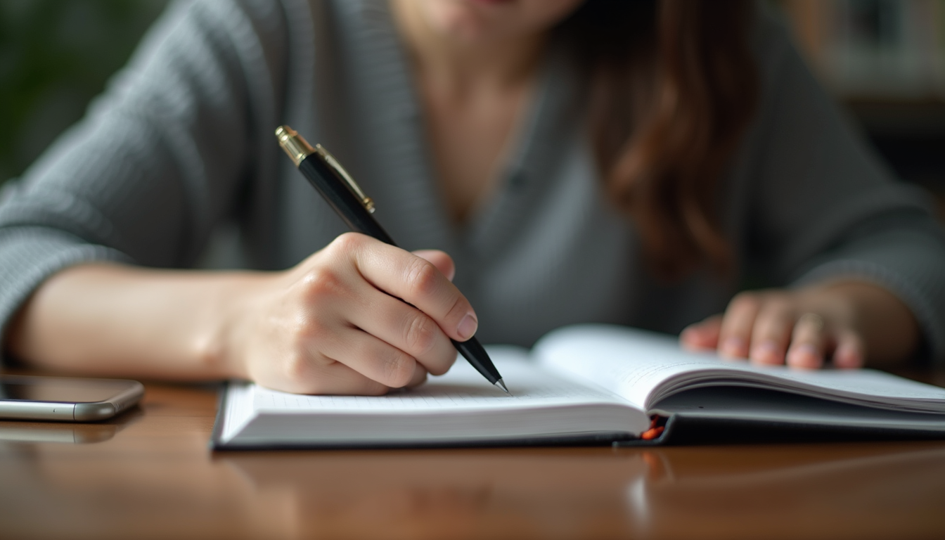 Eye-level view of a person sitting thoughtfully with a journal and pen on a wooden table