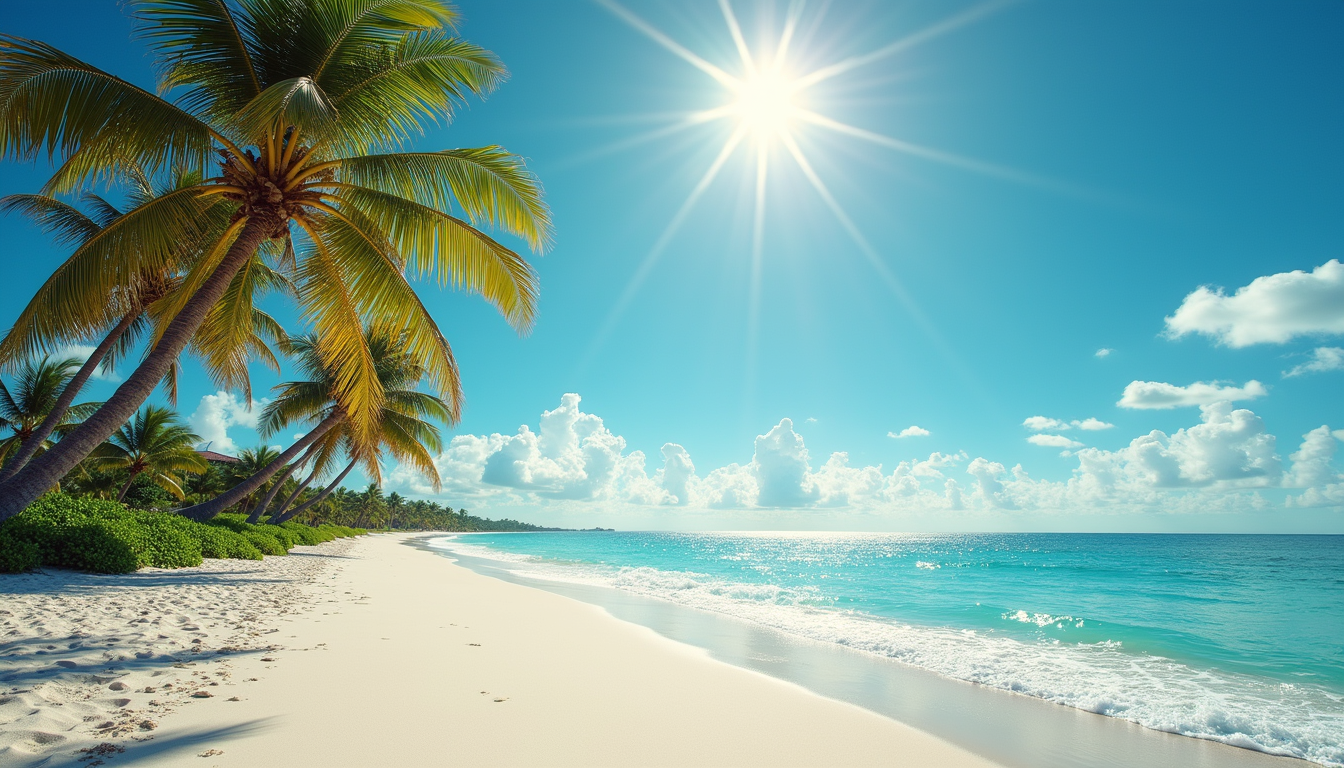 Eye-level view of a sunny Florida beach with bright blue skies and palm trees swaying in the breeze