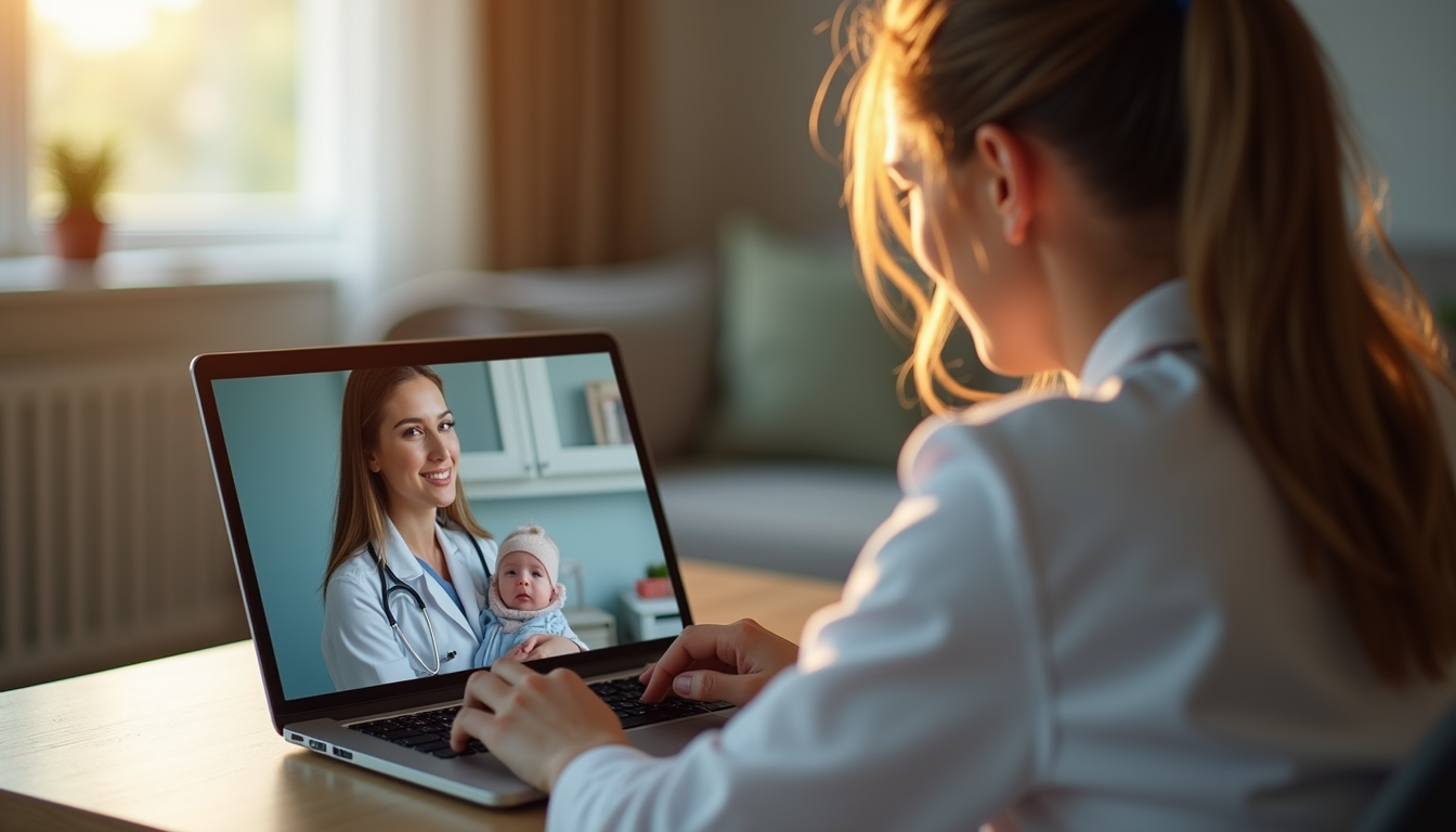 Close-up view of a laptop screen showing a telepsychiatry session with a female doctor and a mother