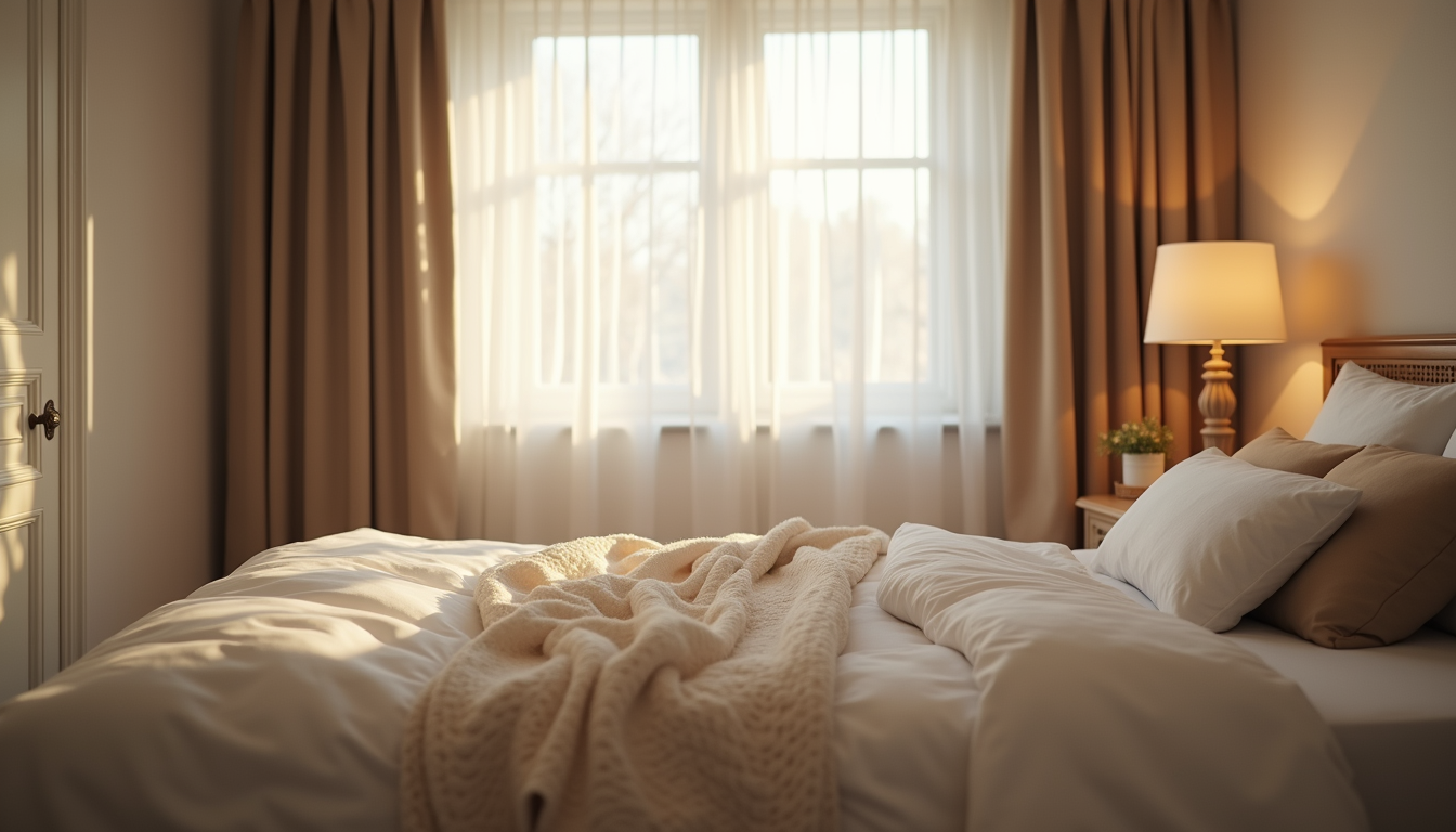 Eye-level view of a calm bedroom with soft lighting and a neatly made bed
