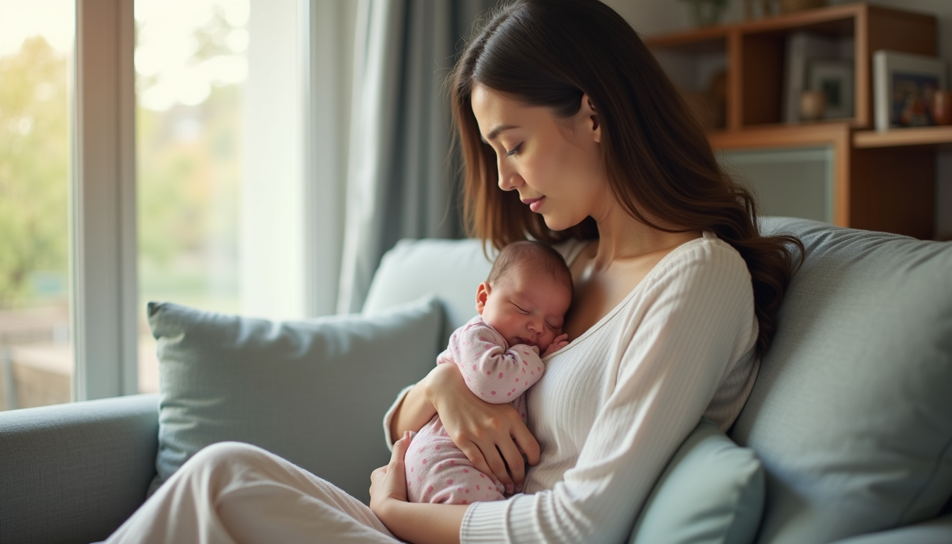 Eye-level view of a mother sitting quietly on a couch holding her newborn baby