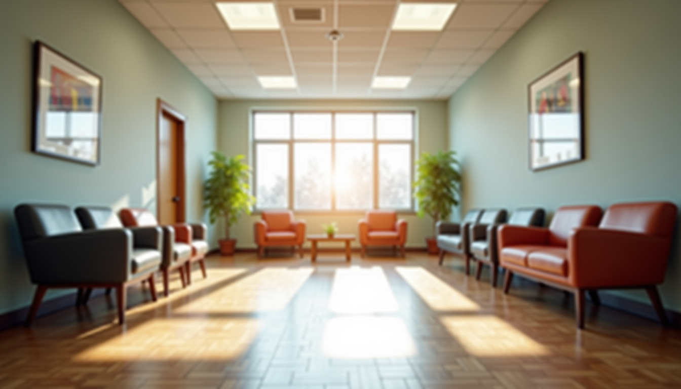 Eye-level view of a quiet university counseling center waiting room with comfortable chairs and soft lighting