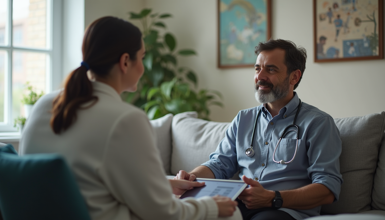 Eye-level view of a psychiatrist conducting a telehealth session with a patient in a home setting