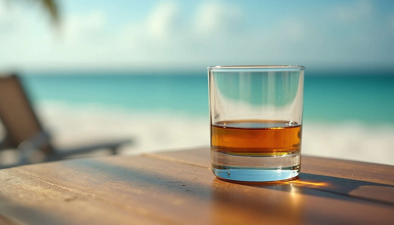 Eye-level view of a glass of whiskey on a wooden table with a blurred Florida beach background