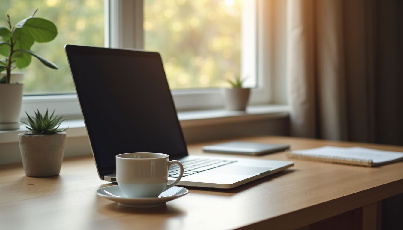 Eye-level view of a quiet home office with a laptop and a cup of tea on the desk