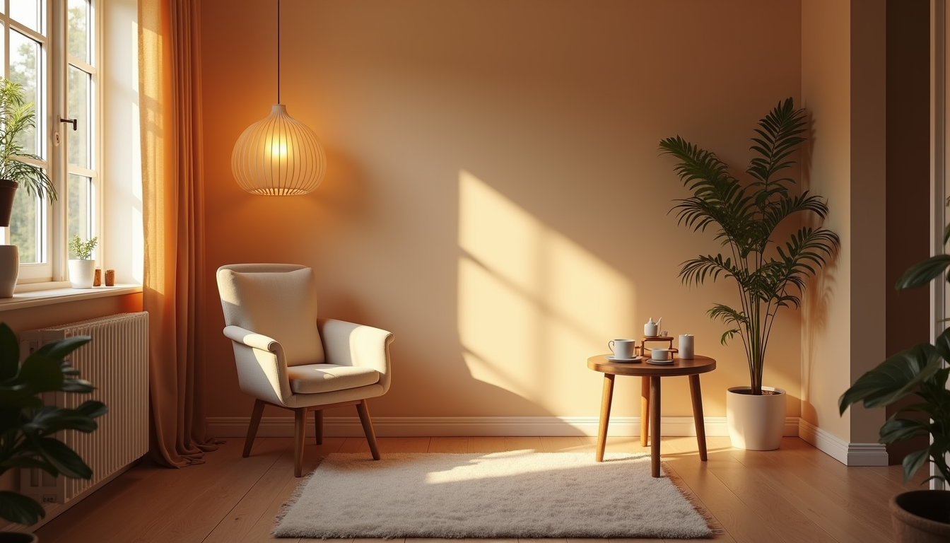 Eye-level view of a calm therapy room with a comfortable chair and soft lighting
