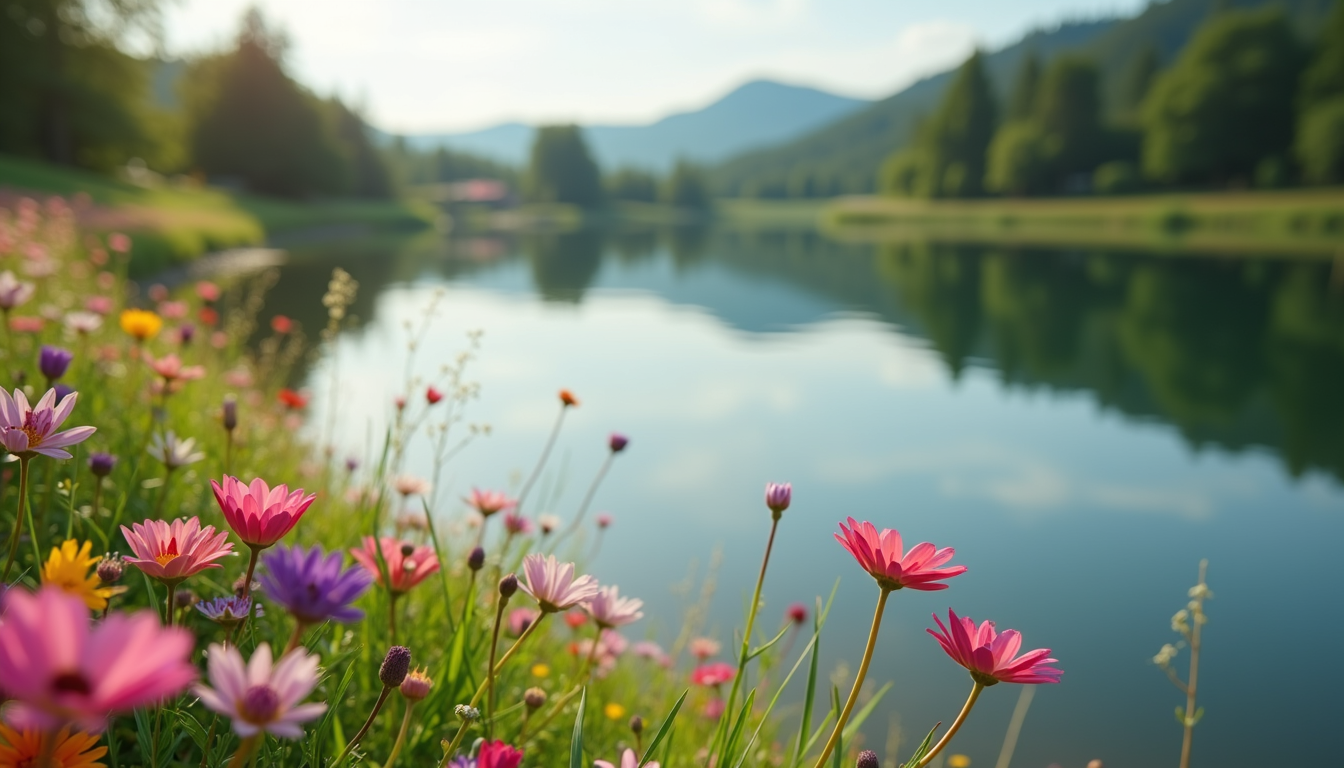 Eye-level view of a serene lakeside with blooming flowers reflecting calmness and balance