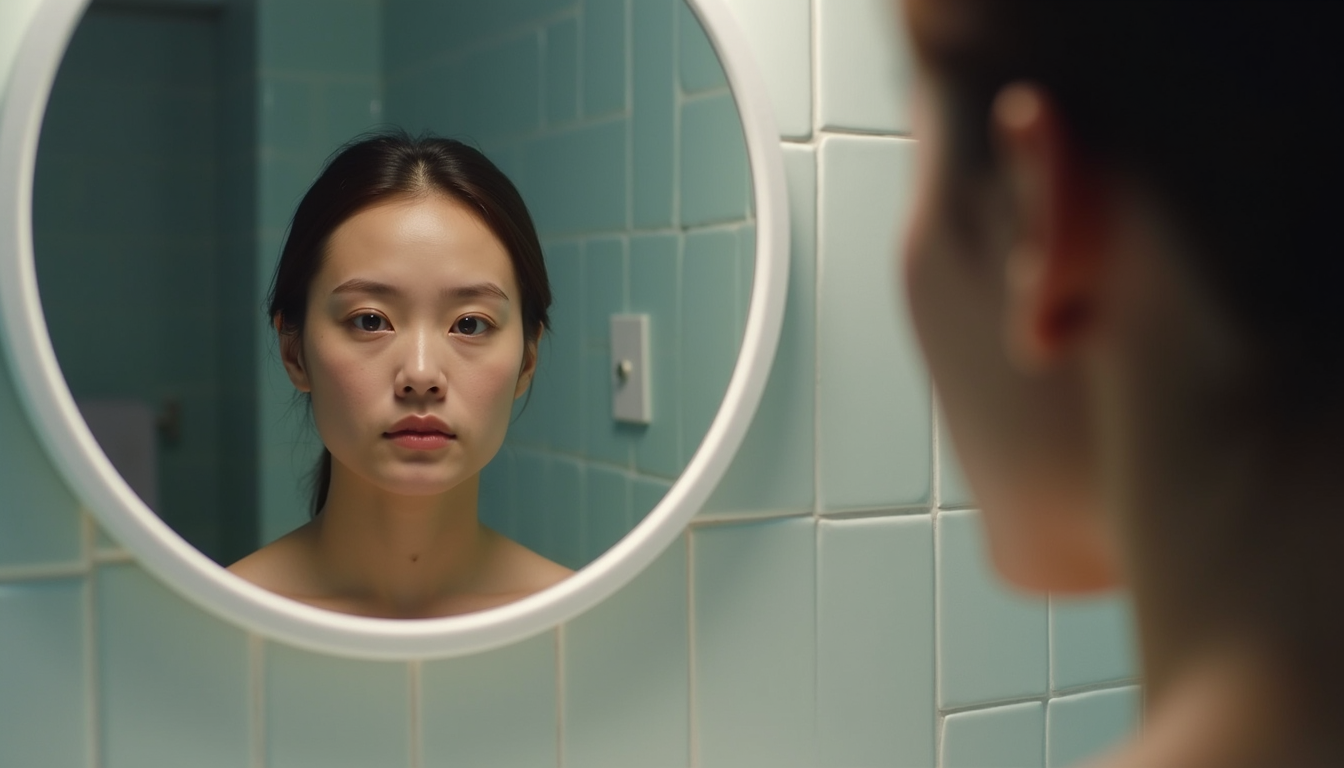 Eye-level view of a person looking at their reflection in a bathroom mirror, focusing on facial features