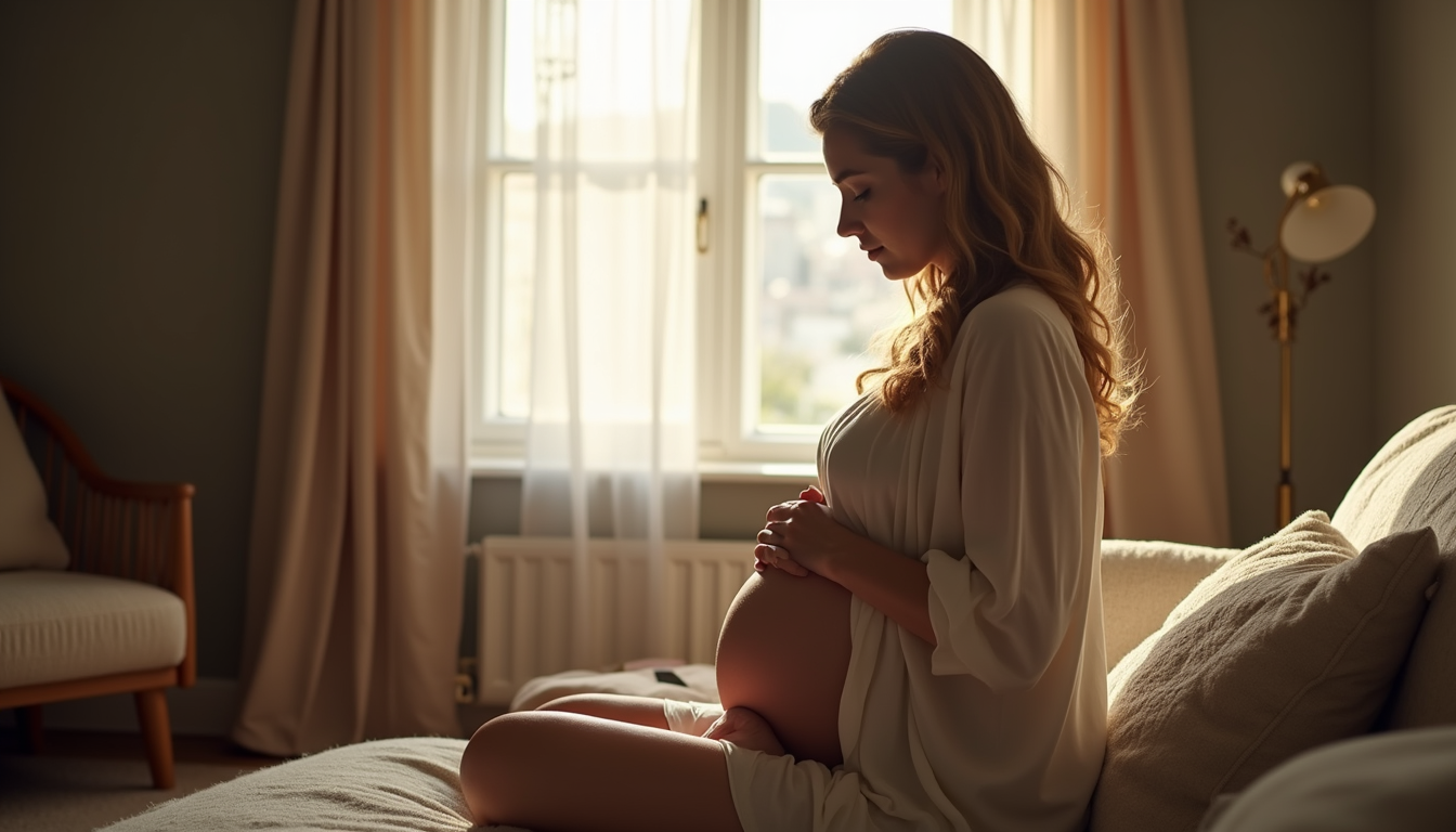 Eye-level view of a pregnant woman sitting comfortably in a sunlit room, holding her belly