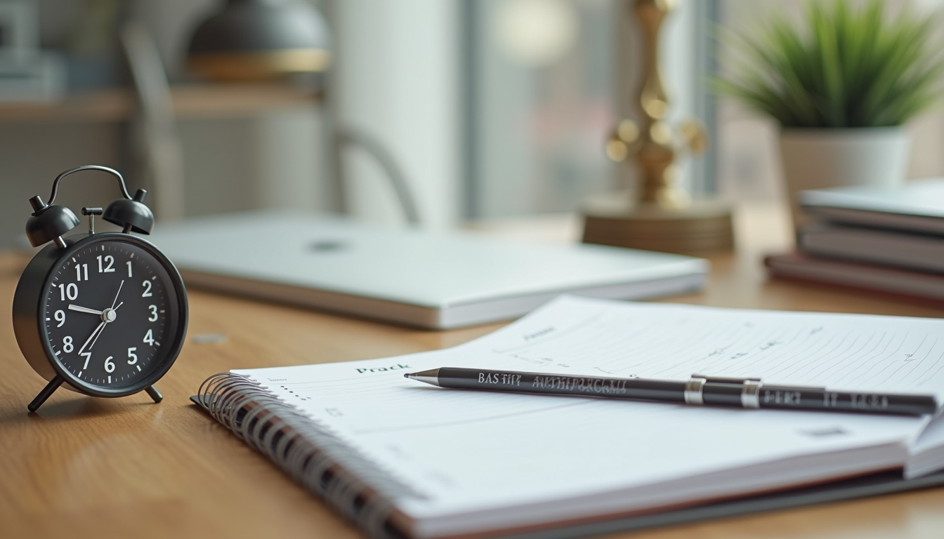 Eye-level view of a calm home office desk with organized planner and clock