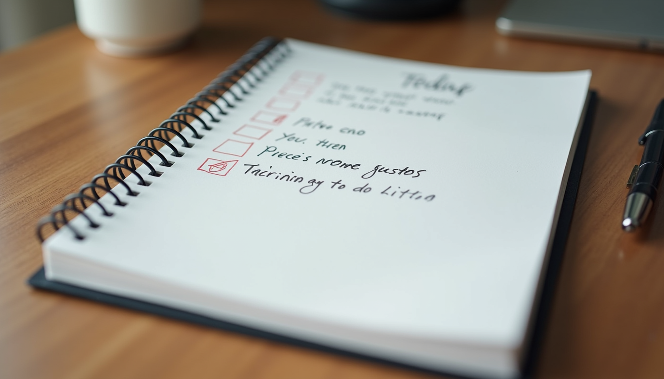 Eye-level view of a single notebook with a perfectly organized to-do list on a wooden desk