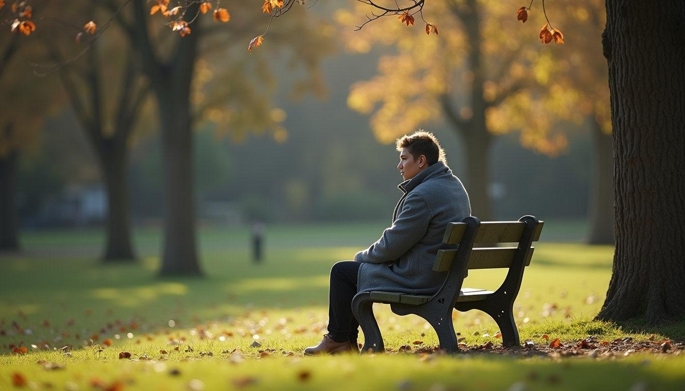 Eye-level view of a single person sitting alone on a park bench, looking contemplative