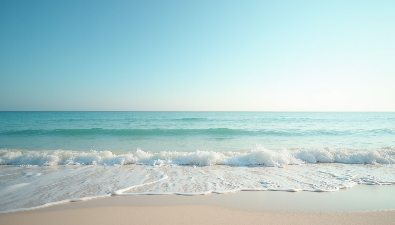 Eye-level view of a calm Florida beach with gentle waves and a clear sky