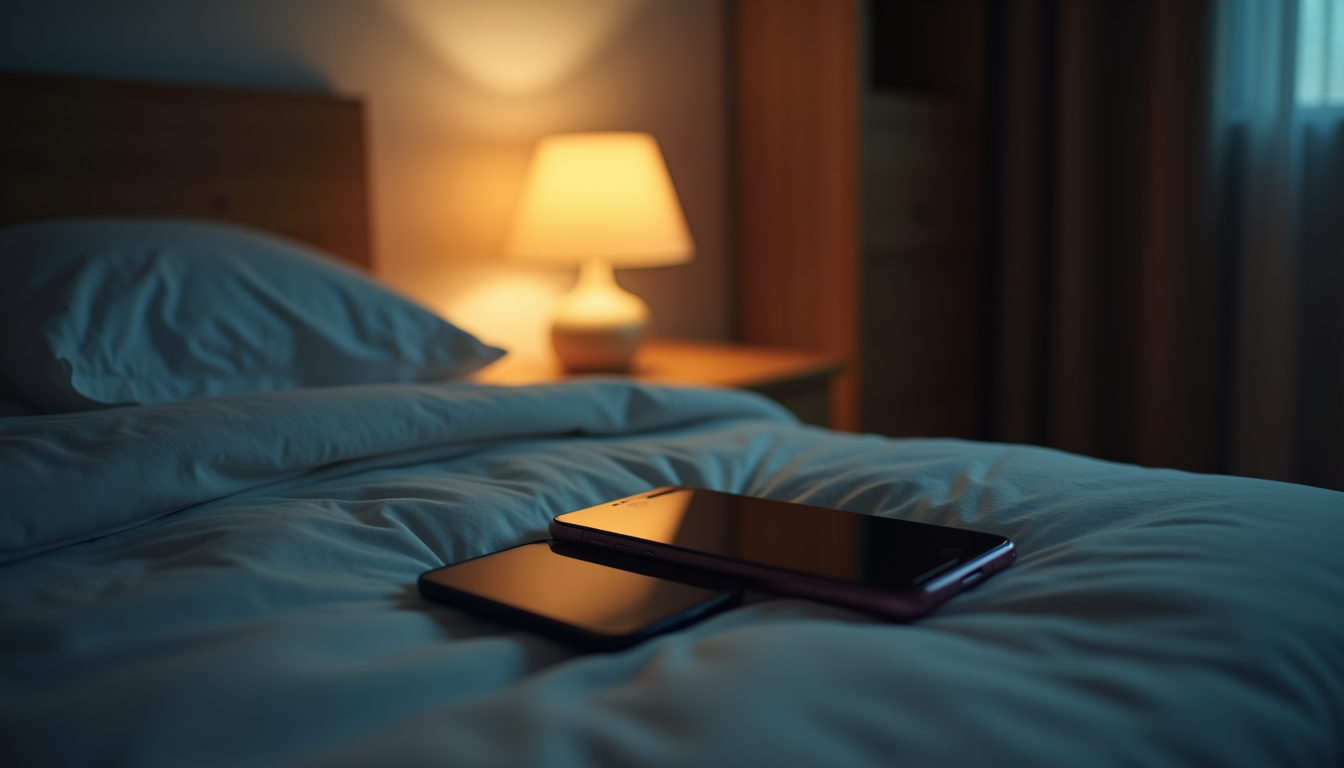 Eye-level view of a smartphone resting on a bedside table with a dimly lit room in the background