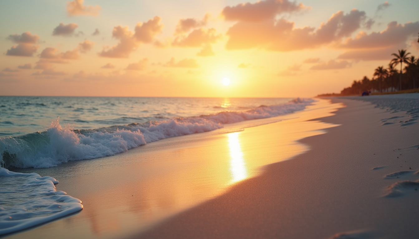 Eye-level view of a peaceful Florida beach at sunset with calm waves and soft sand