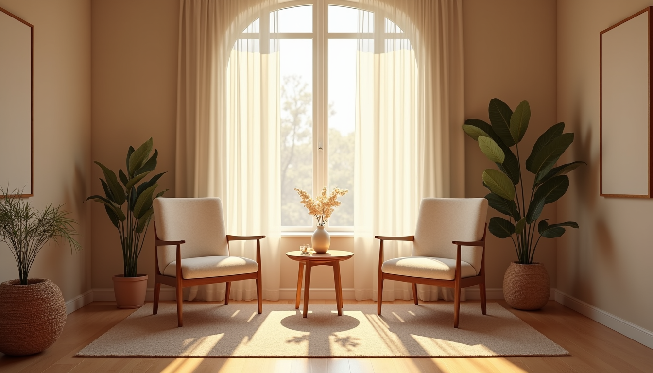 Eye-level view of a quiet therapy room with soft lighting and comfortable chairs