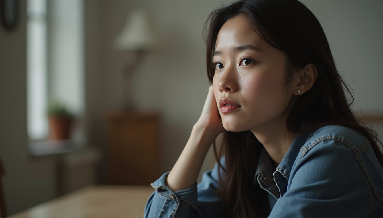 Close-up view of a person sitting quietly with a thoughtful expression in a calm room