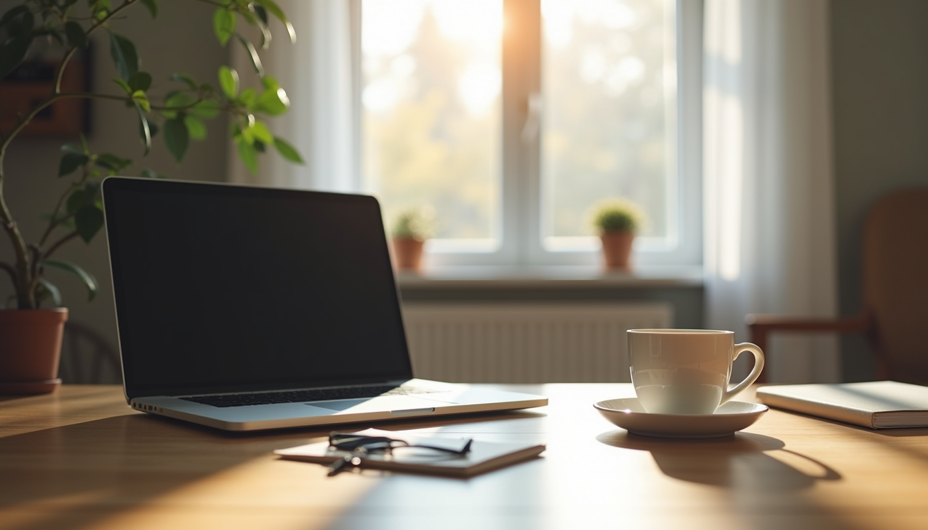 Eye-level view of a quiet home office with a laptop and a cup of coffee on the desk