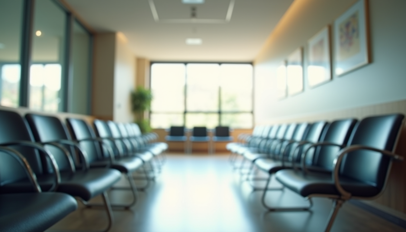 Eye-level view of a quiet waiting room with empty chairs and soft natural light