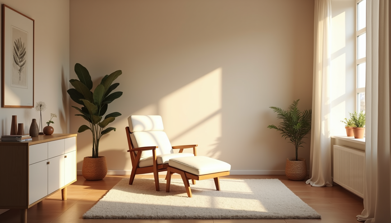 Eye-level view of a calm therapy room with a comfortable chair and soft lighting