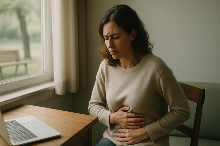 Photorealistic editorial photography header image for an article on Why Does Stress Cause Nausea? The Gut-Brain Link
