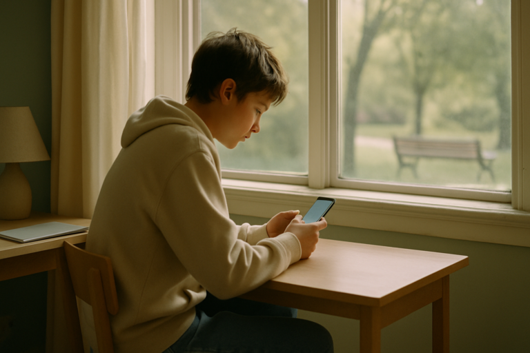 Photorealistic editorial photography header image for an article on Teens AI Chatbots Emotional Support: Safe or Risky